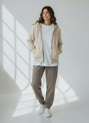 BeachBodyz® natural raw cotton zip-up hoodie with embroidered logo and front pockets.