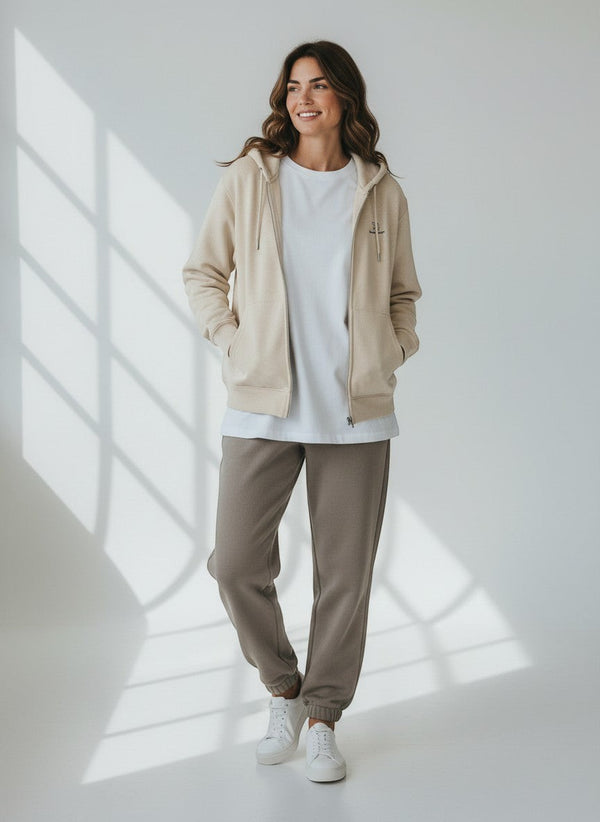 BeachBodyz® natural raw cotton zip-up hoodie with embroidered logo and front pockets.