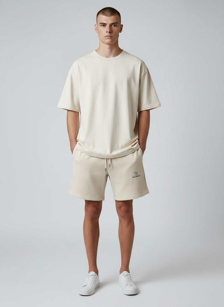 BeachBodyz® Natural Raw organic cotton blend jogger shorts with embroidered logo and drawstring waist.