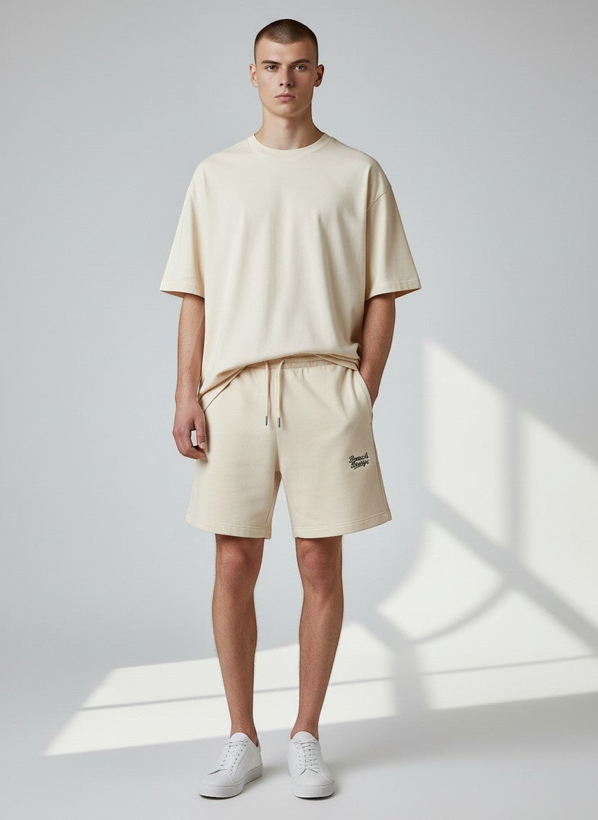 BeachBodyz® Natural Raw organic cotton blend jogger shorts with embroidered logo and drawstring waist.