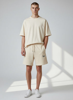 BeachBodyz® Natural Raw organic cotton blend jogger shorts with embroidered logo and drawstring waist.