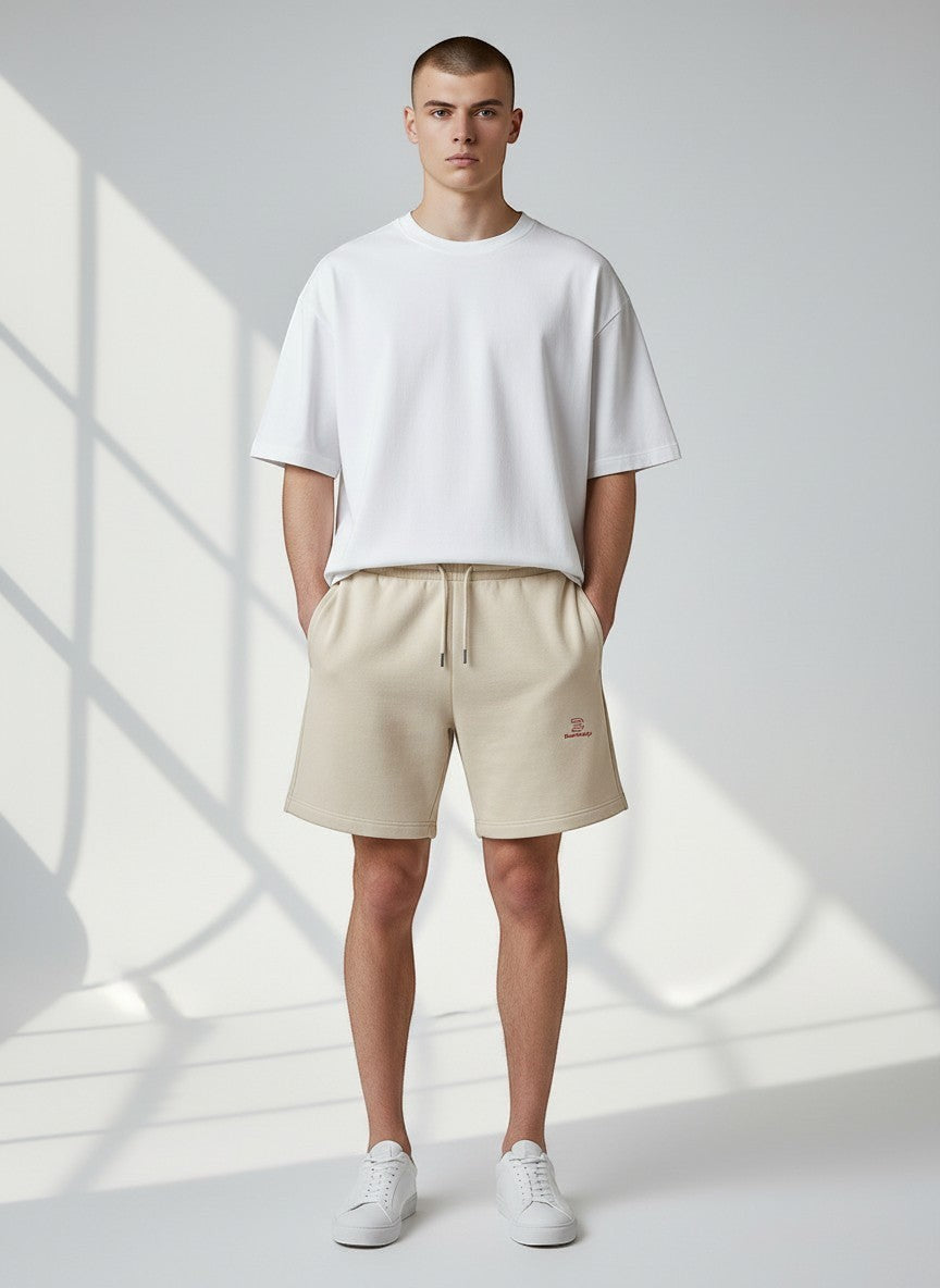 BeachBodyz® natural raw organic cotton jogger shorts with embroidered logo and drawstring waist.