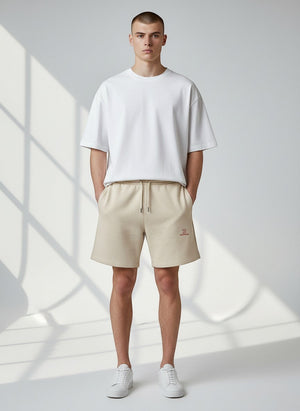 BeachBodyz® natural raw organic cotton jogger shorts with embroidered logo and drawstring waist.