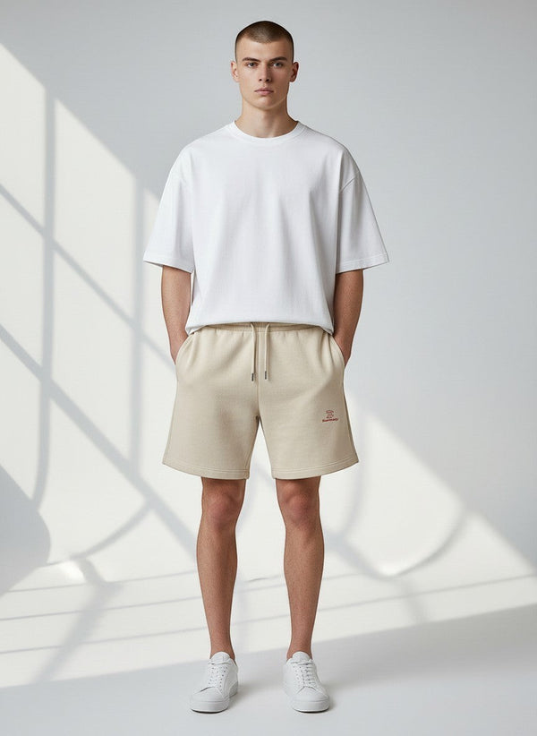 BeachBodyz® natural raw organic cotton jogger shorts with embroidered logo and drawstring waist.
