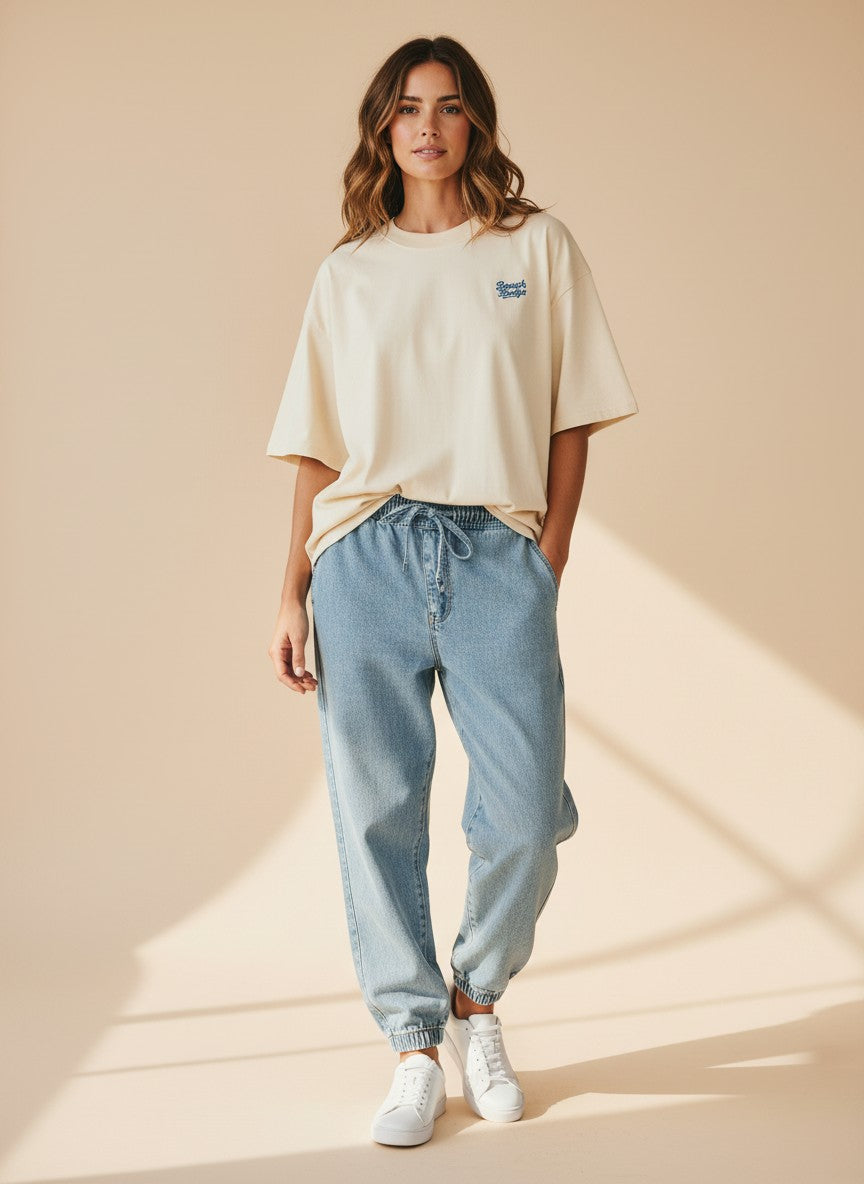 BeachBodyz® natural raw oversized t-shirt made from bio-cotton with blue embroidered logo.