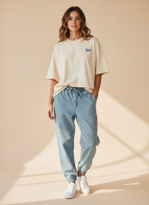 BeachBodyz® natural raw oversized t-shirt made from bio-cotton with blue embroidered logo.