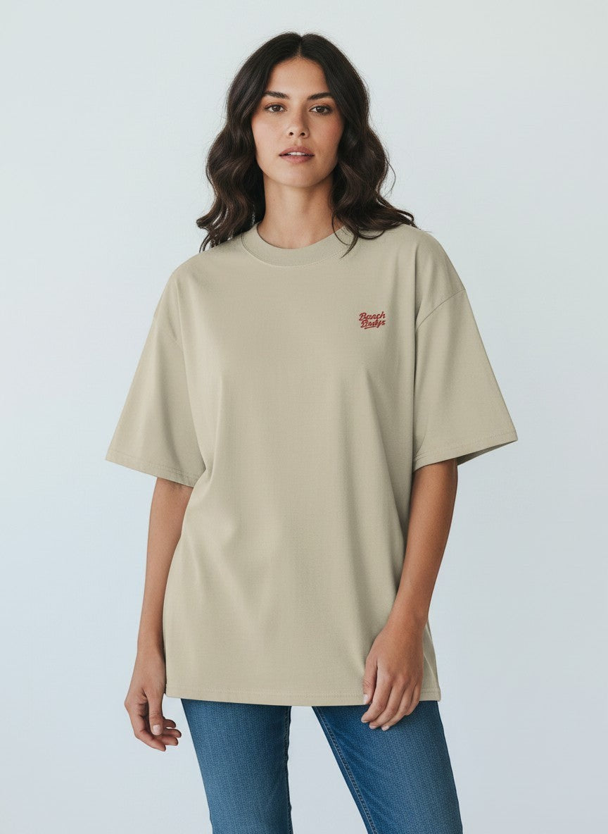 BeachBodyz® Natural Raw oversized t-shirt made from 100% bio-cotton with a small red embroidered logo on the chest.