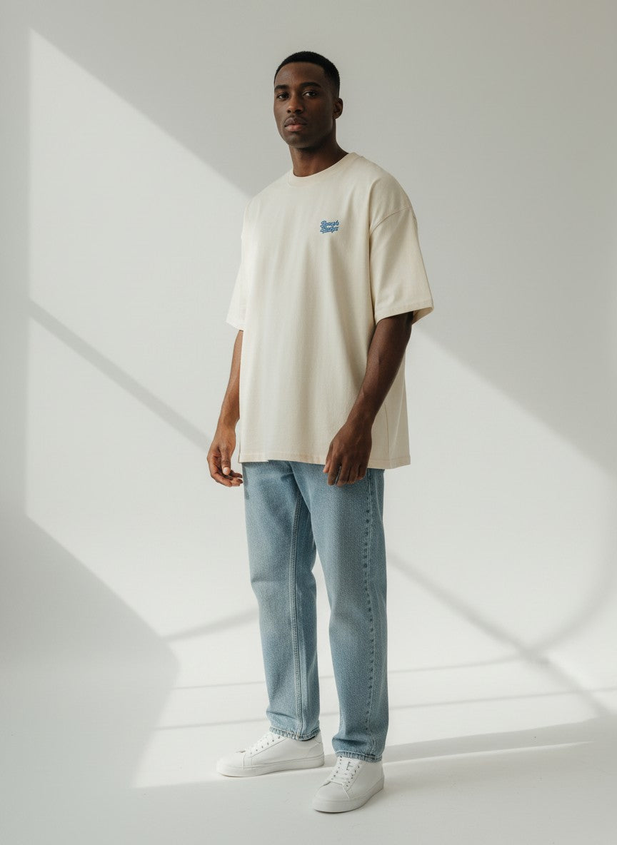 BeachBodyz® natural raw oversized t-shirt made from organic cotton with blue embroidered logo.