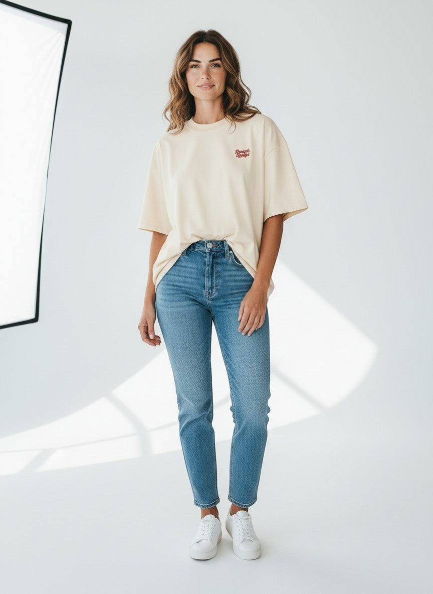BeachBodyz® natural raw oversized t-shirt made from 100% organic cotton with embroidered logo on chest.