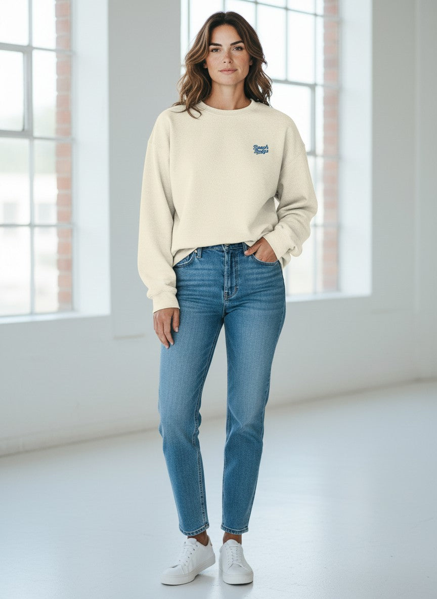 BeachBodyz® Natural Raw oversized sweatshirt made from organic cotton with a small blue embroidered logo on the chest.