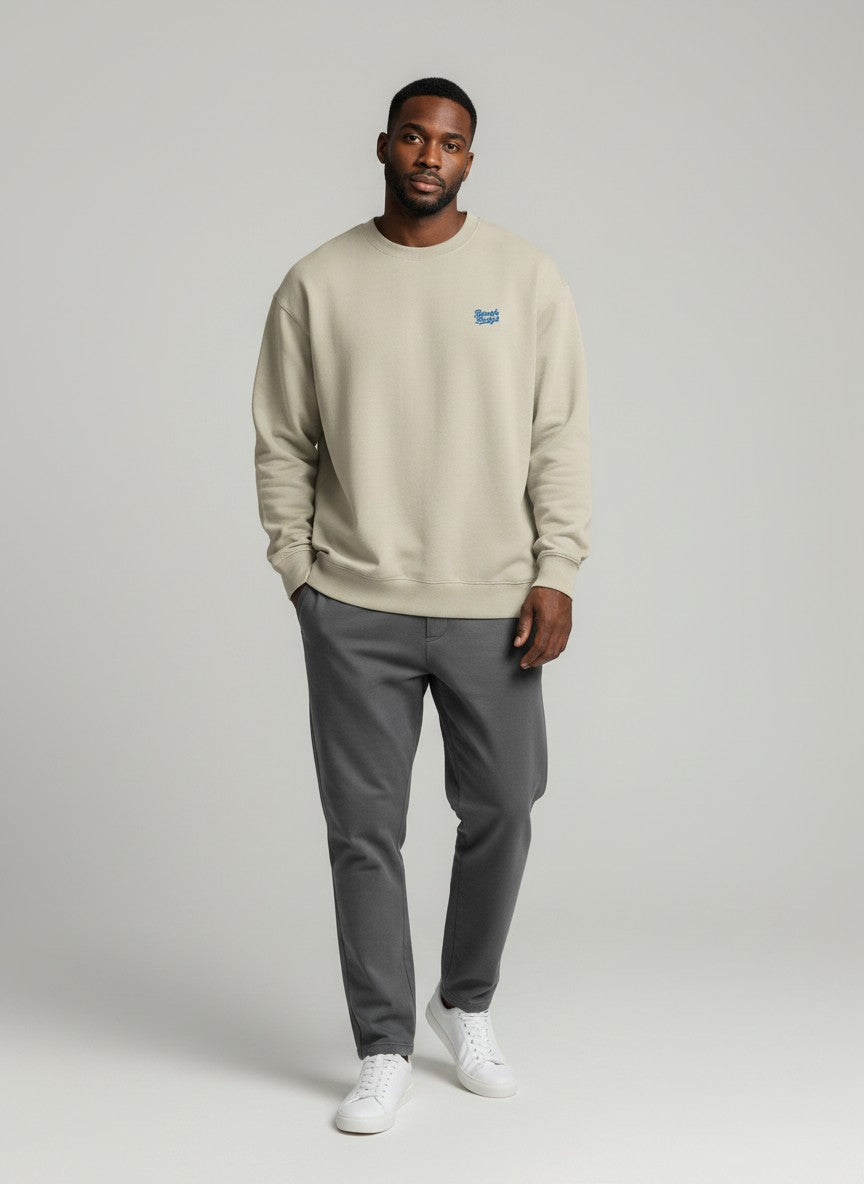 BeachBodyz® Natural Raw oversized sweatshirt made from organic cotton with a small blue embroidered logo on the chest.