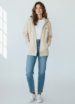 BeachBodyz® natural raw zip-up hoodie with green embroidered logo on chest, made from organic cotton.
