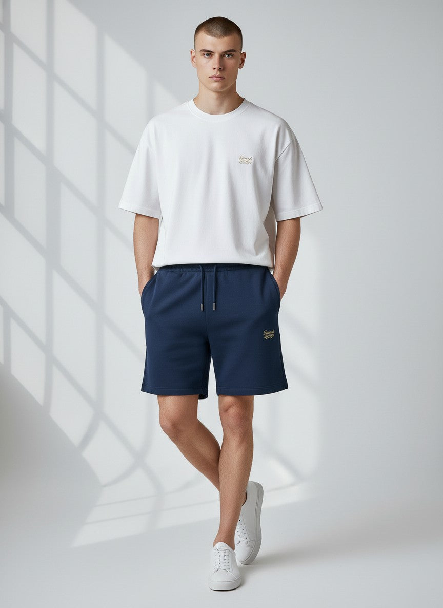 BeachBodyz® navy blue cotton blend jogger shorts with embroidered logo and drawstring waist.