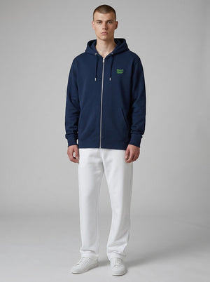 BeachBodyz® navy blue zip-up hoodie with green embroidered logo on chest, made from organic cotton blend.