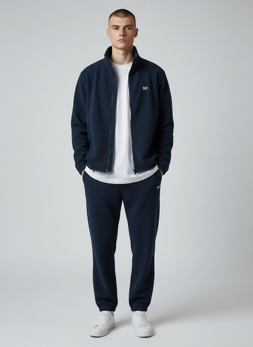 BeachBodyz® navy blue fleece jacket for men and women with stand-up collar and zip closure.