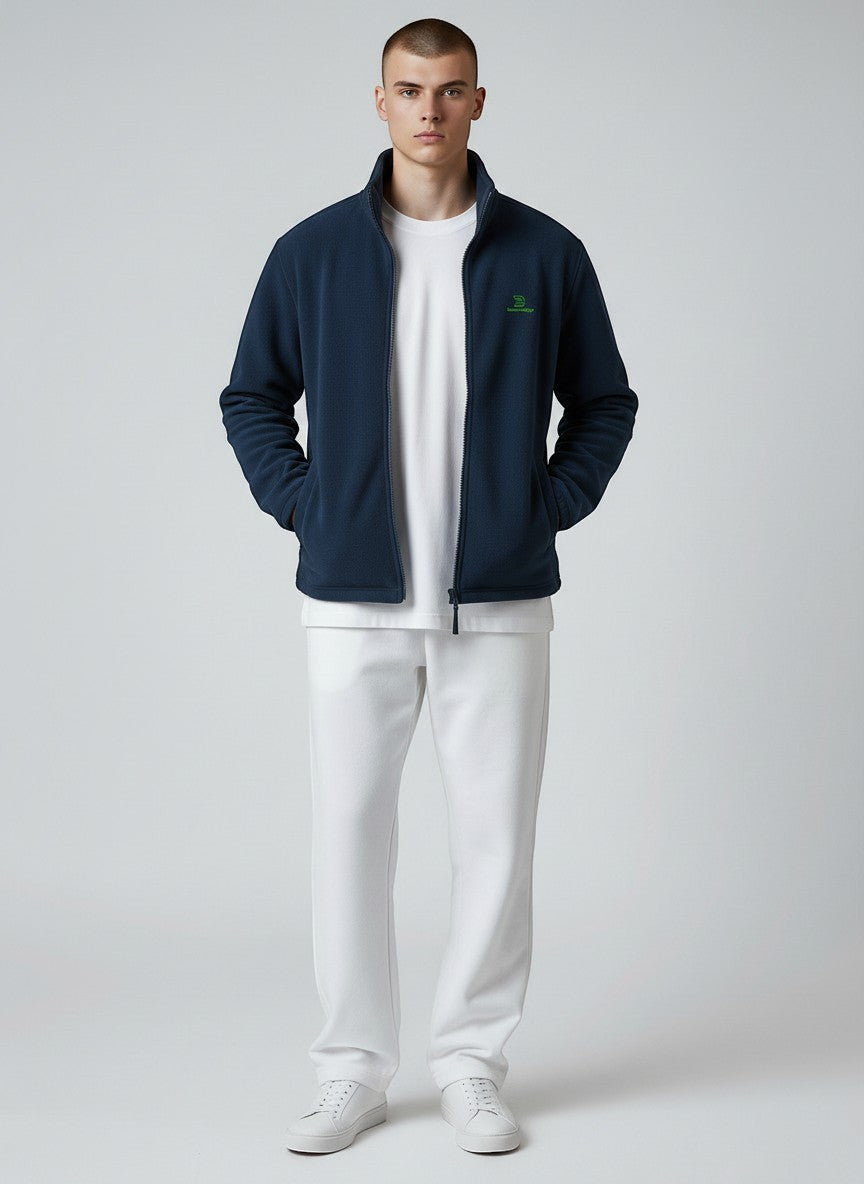 BeachBodyz® navy blue fleece jacket with green logo, full zip, stand-up collar and two side pockets. Unisex streetwear style.