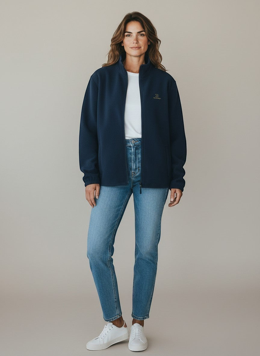 BeachBodyz® navy blue fleece jacket with zip and subtle logo, ideal for streetwear.