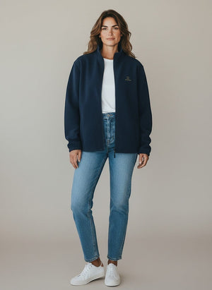 BeachBodyz® navy blue fleece jacket with zip and subtle logo, ideal for streetwear.