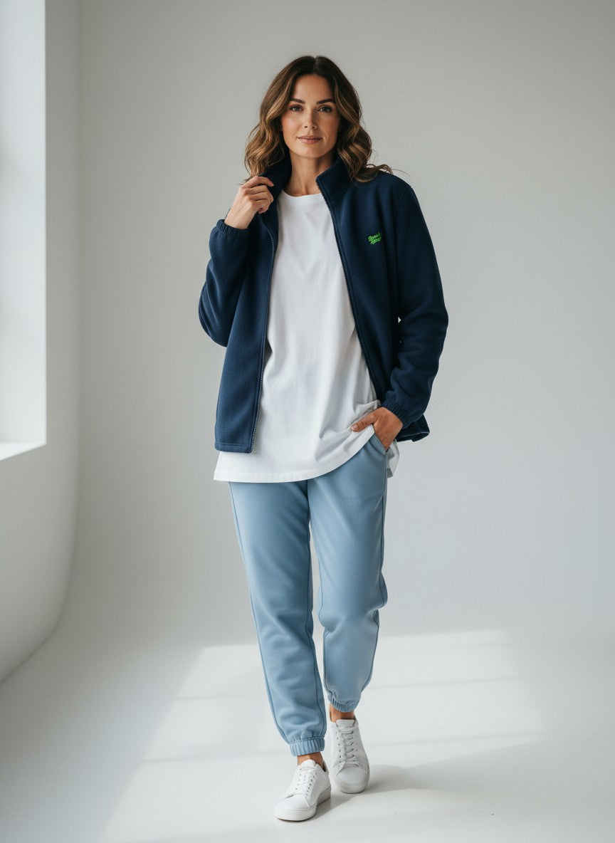 BeachBodyz® navy blue fleece jacket with a stand-up collar and green embroidered logo on the chest. Features a full zip and two side pockets.