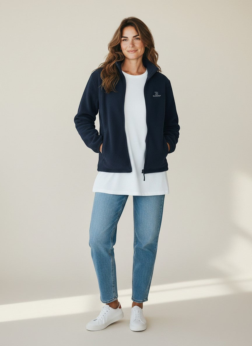 BeachBodyz® navy blue fleece jacket for men and women with zip closure and embroidered logo.