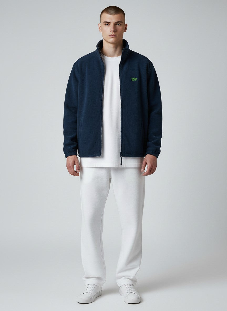 BeachBodyz navy blue fleece jacket for men and women with embroidered logo on chest. Full zip, stand-up collar, and side pockets.