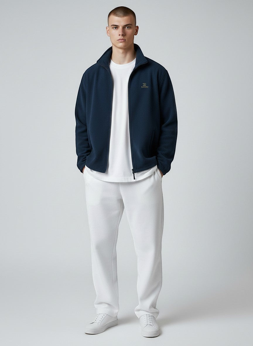 BeachBodyz® navy blue fleece jacket with zip and subtle logo. Comfortable streetwear for men and women.