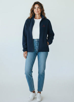 BeachBodyz® navy blue fleece jacket with red logo, full zip, stand-up collar, and side pockets. Unisex streetwear style.