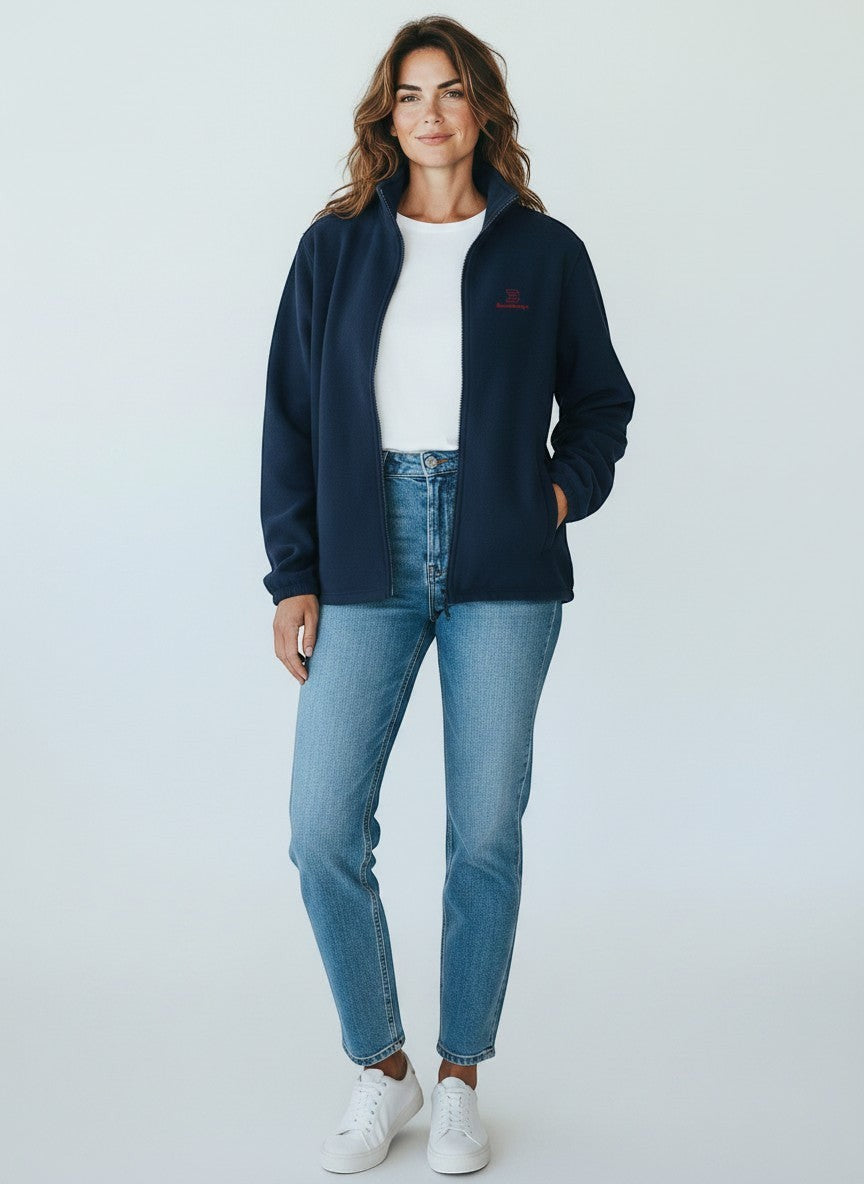 BeachBodyz® navy blue fleece jacket with red logo, full zip, stand-up collar, and side pockets. Unisex streetwear style.