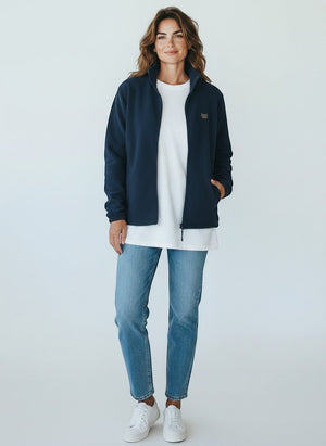 BeachBodyz® navy blue fleece jacket for men and women with a zip-up front and embroidered logo.