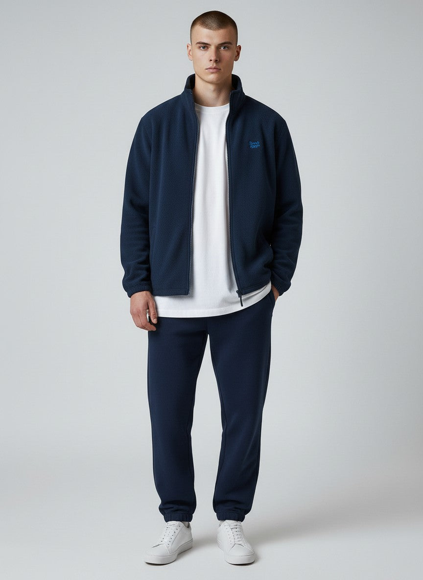 BeachBodyz® navy blue fleece jacket with embroidered logo on chest, full zip, and side pockets. Streetwear style.