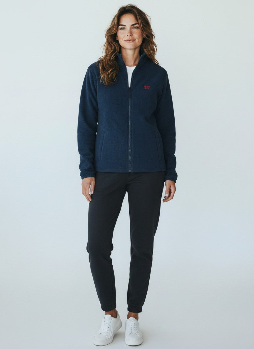 BeachBodyz® navy blue fleece jacket with full zip and embroidered logo on chest, suitable for men and women.