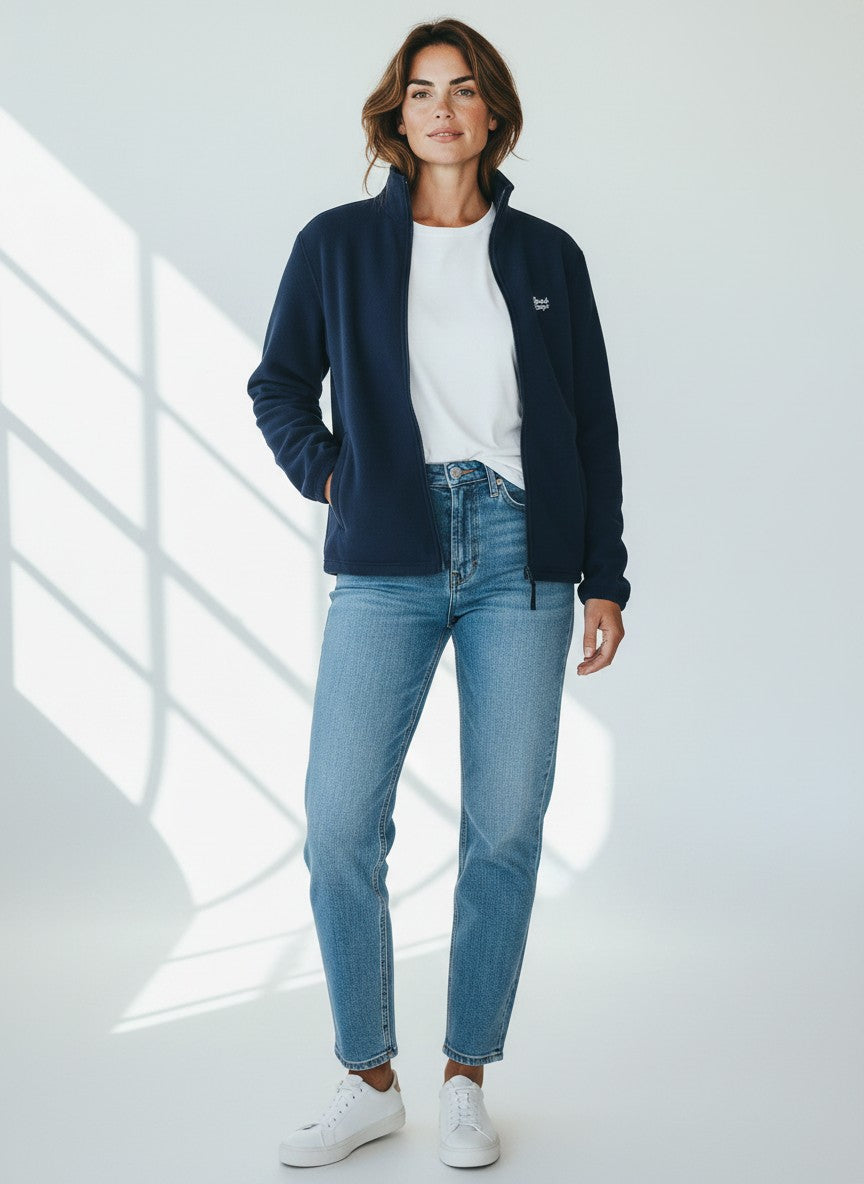 BeachBodyz® navy blue fleece jacket with stand-up collar and embroidered logo. Unisex streetwear style.