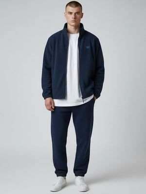 BeachBodyz® navy blue fleece jacket with embroidered logo on chest, full zip, and side pockets. Streetwear style.