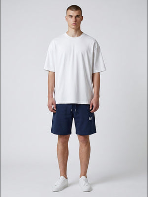 BeachBodyz® navy blue cotton blend jogger shorts with white embroidered logo and drawstring waist.