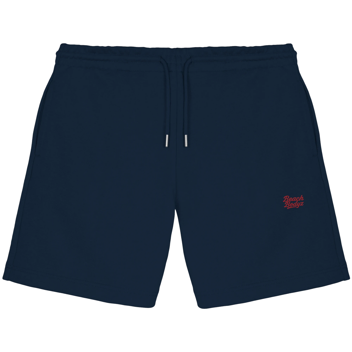BeachBodyz® navy blue organic cotton jogger shorts with embroidered logo, drawstring waist, and pockets. Ideal for streetwear or athletic wear.