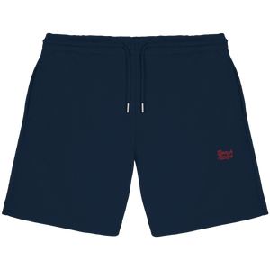 BeachBodyz® navy blue organic cotton jogger shorts with embroidered logo, drawstring waist, and pockets. Ideal for streetwear or athletic wear.