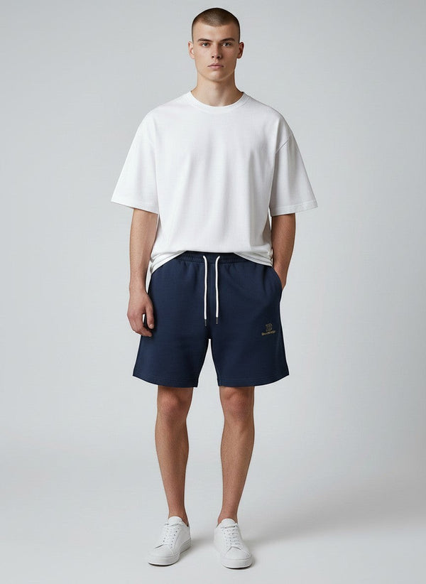 BeachBodyz® navy blue organic cotton jogger shorts with embroidered logo and drawstring waist.