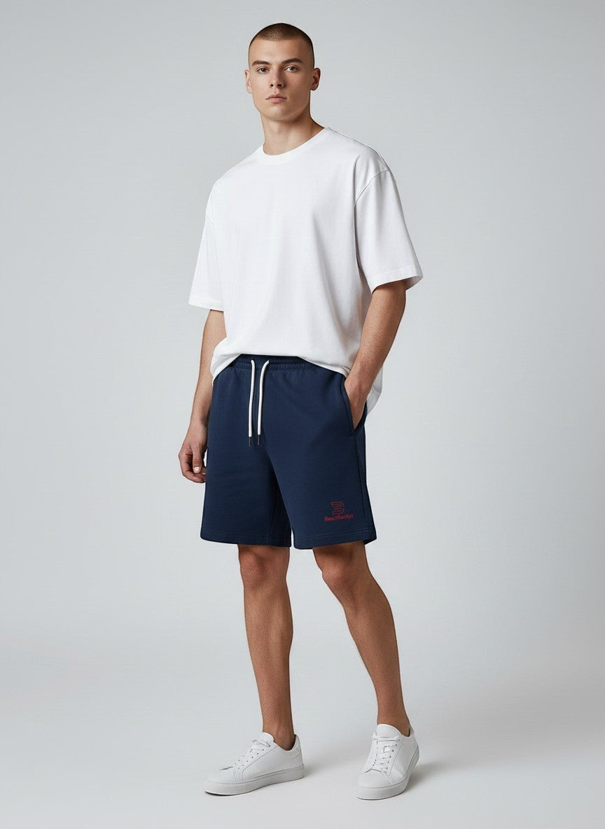 BeachBodyz® navy blue organic cotton jogger shorts with embroidered logo and drawstring waist.