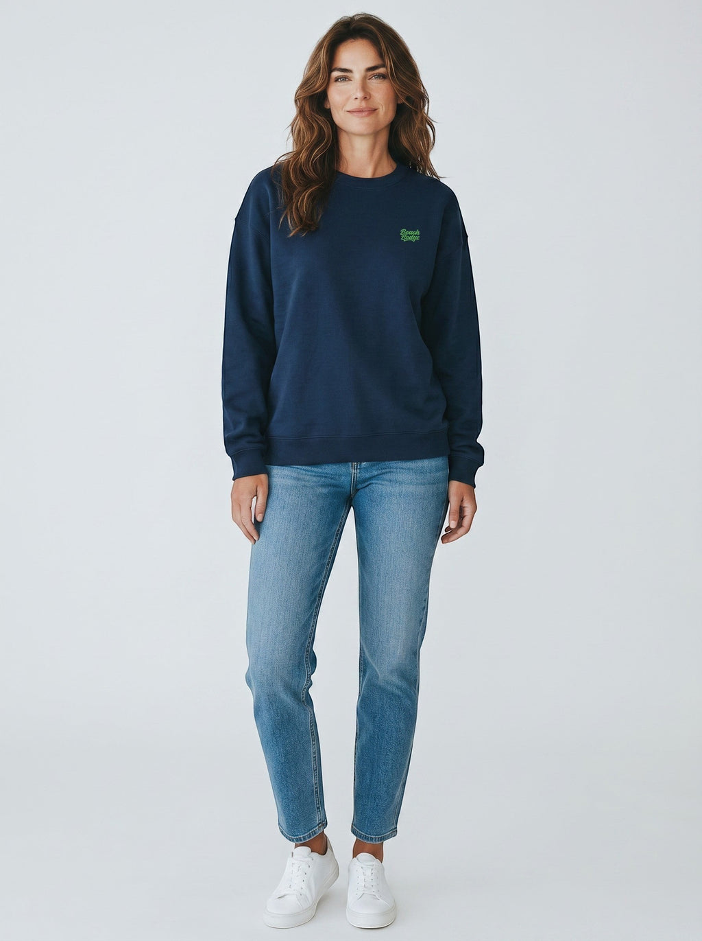BeachBodyz® navy blue oversized sweatshirt made from organic cotton with a small green embroidered logo on the chest.
