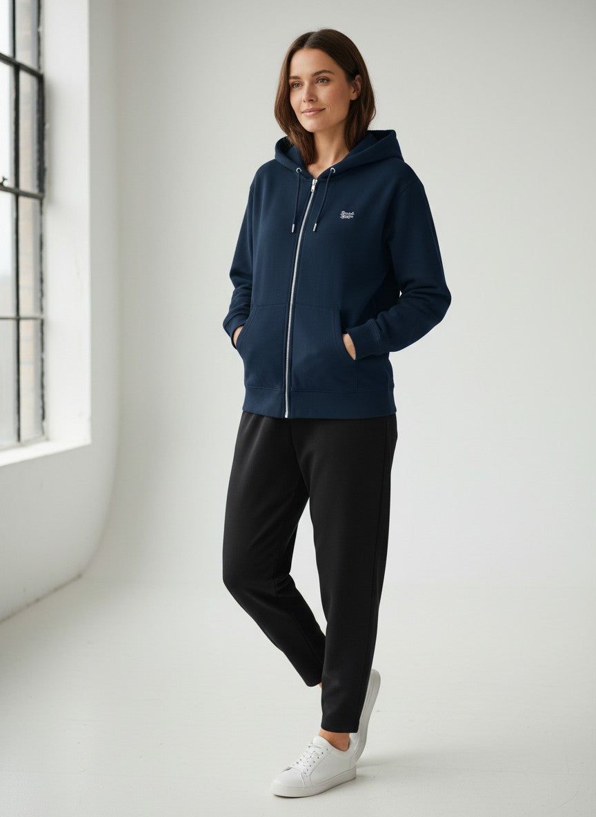 BeachBodyz® navy blue zip-up hoodie with embroidered logo on chest, made from organic cotton.