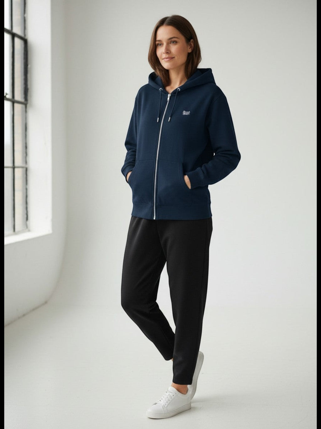 BeachBodyz® navy blue zip-up hoodie with embroidered logo on chest, made from organic cotton.