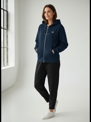 BeachBodyz® navy blue zip-up hoodie with embroidered logo on chest, made from organic cotton.
