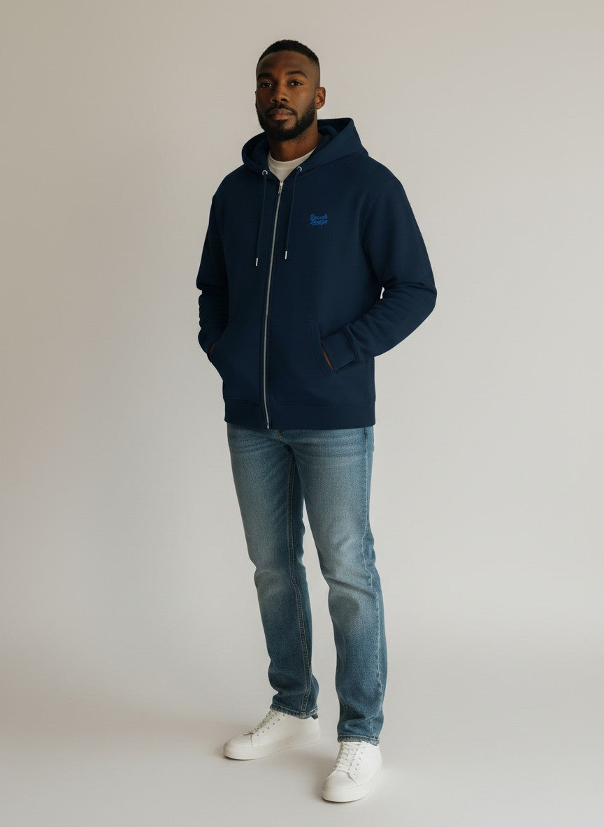 BeachBodyz® navy blue zip-up hoodie with embroidered logo and front pockets, made from organic cotton blend.