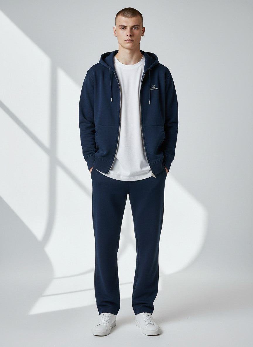 BeachBodyz® navy blue zip-up hoodie made from organic cotton with subtle chest embroidery and silver zipper.