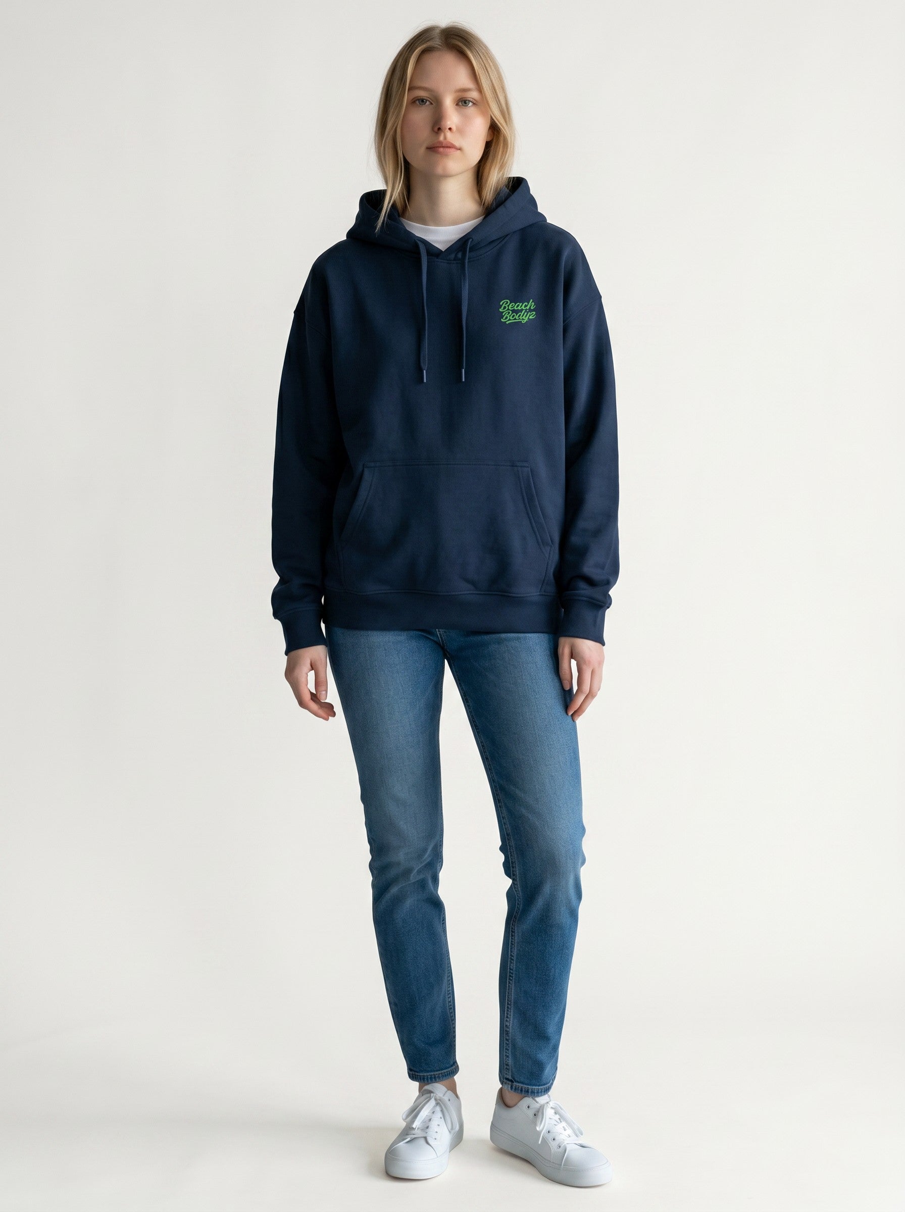 BeachBodyz® navy blue oversized hoodie made from 400gsm bio-cotton with a small green embroidered logo on the chest.