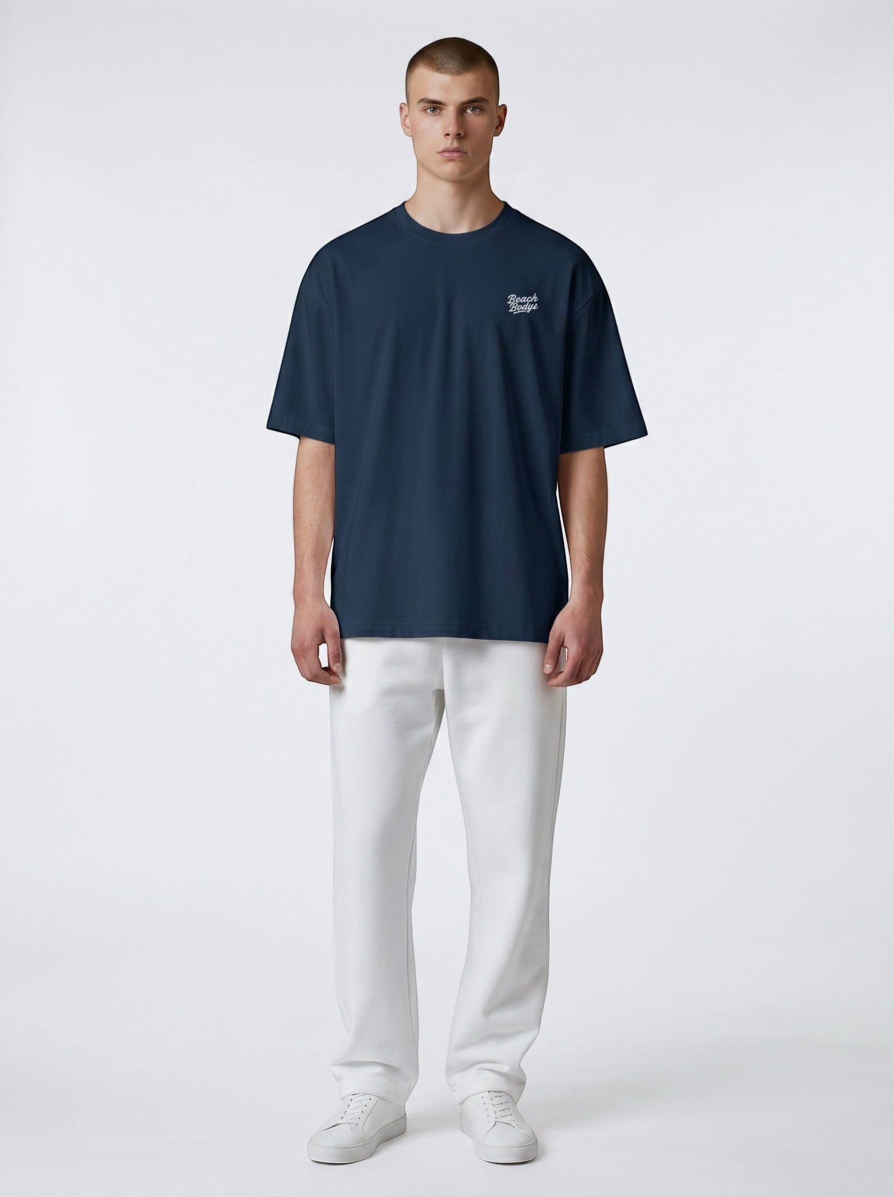 BeachBodyz® navy blue oversized organic cotton t-shirt with subtle chest embroidery and crew neck.
