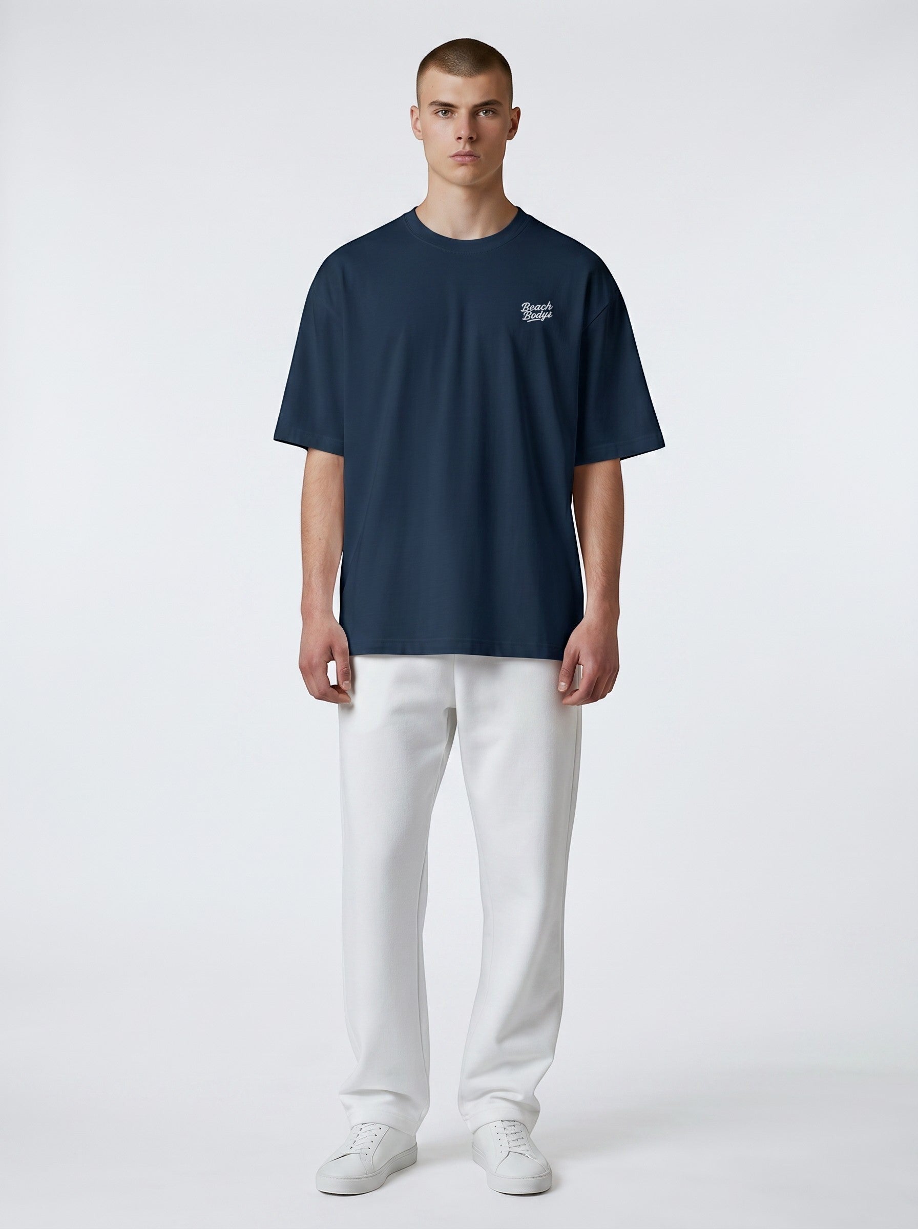 BeachBodyz® navy blue oversized organic cotton t-shirt with subtle chest embroidery and crew neck.