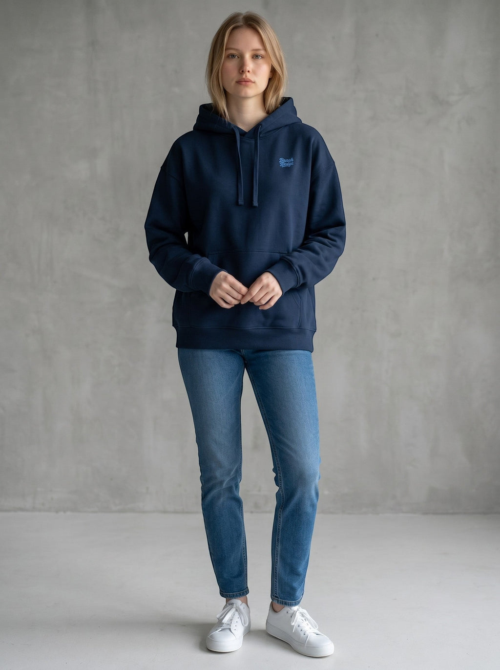 BeachBodyz® navy blue oversized hoodie made from organic cotton with a subtle embroidered logo on the chest.