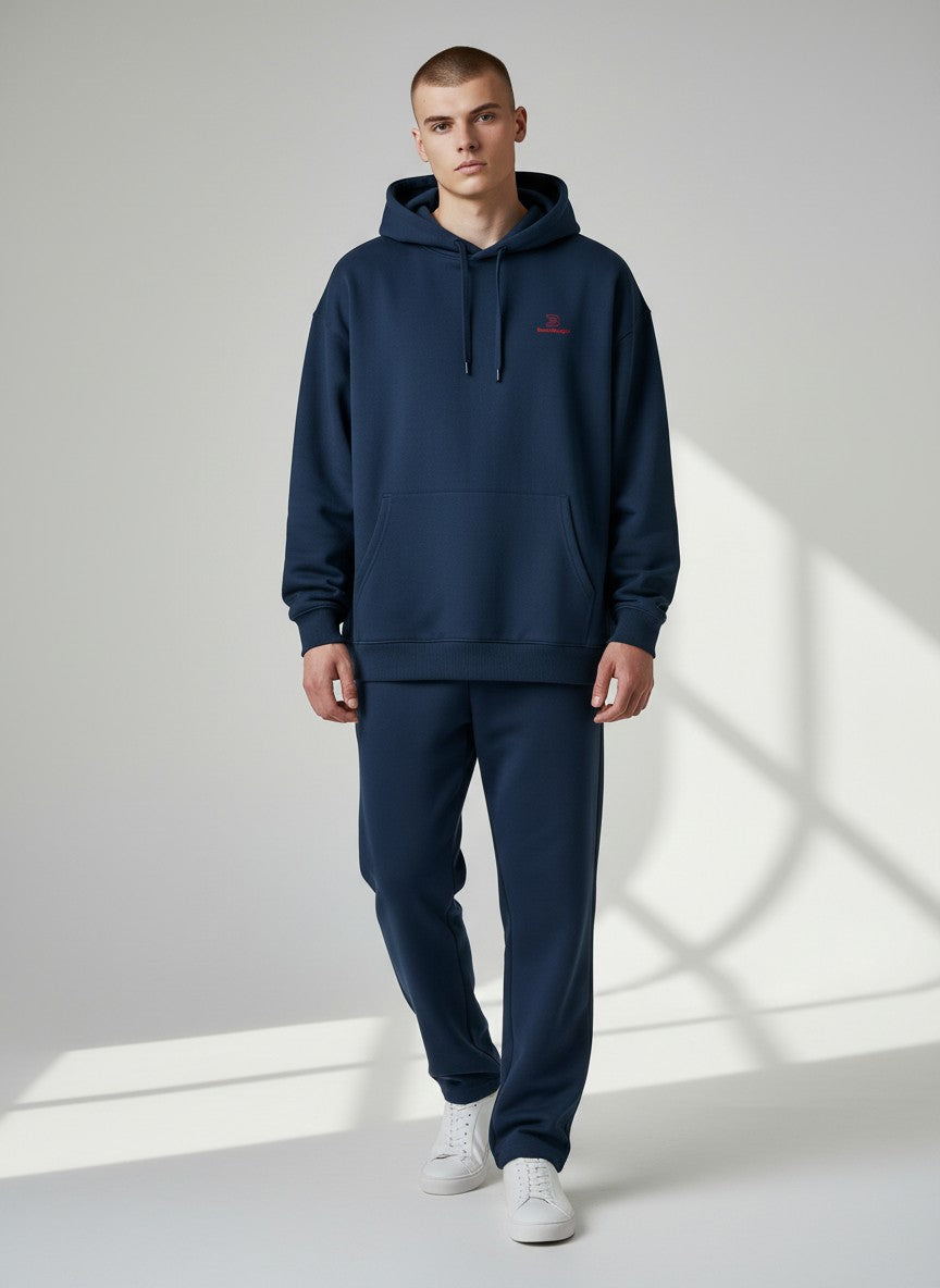 BeachBodyz® navy blue oversized hoodie made from 400gsm organic cotton with a small red embroidered logo on the chest.