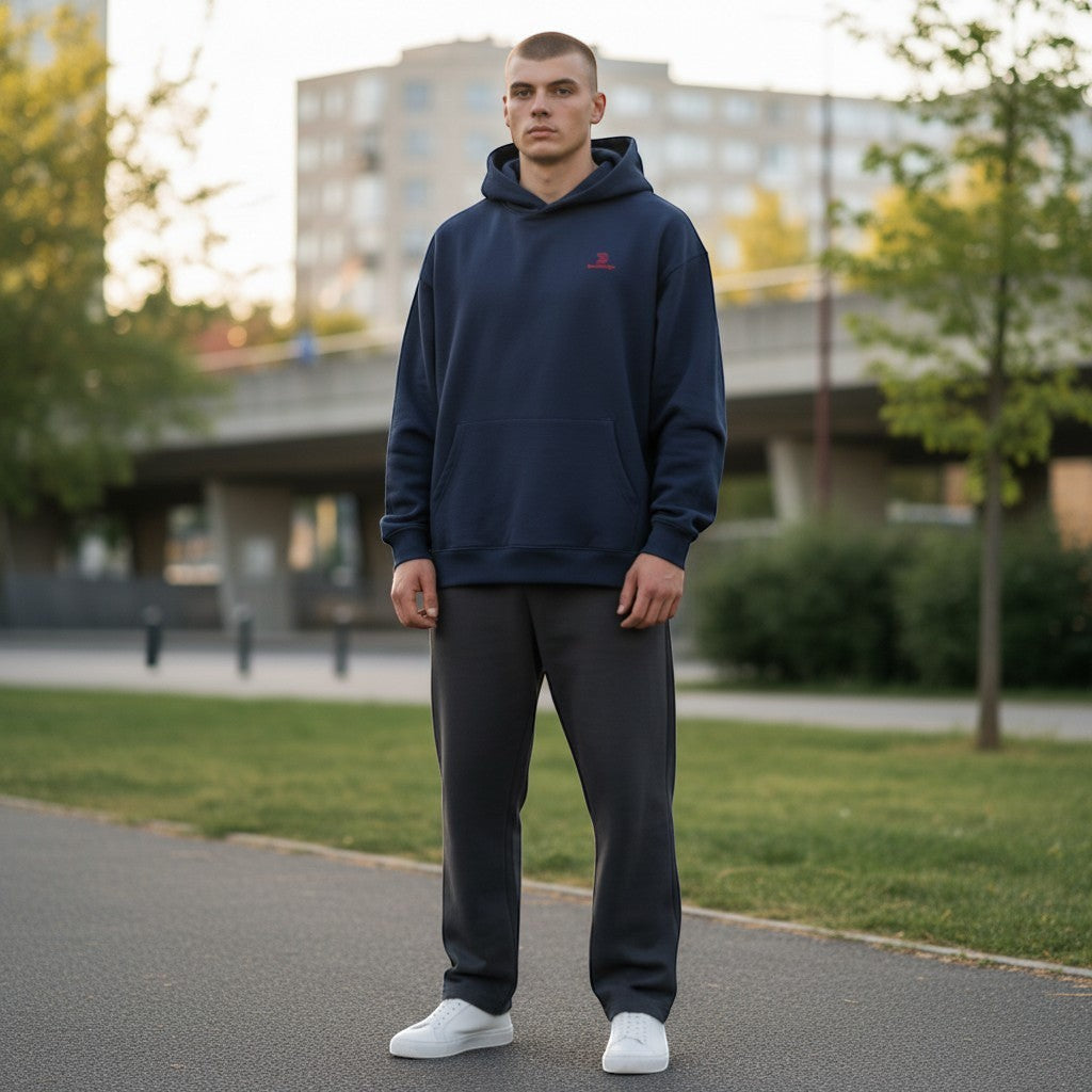 BeachBodyz® navy blue oversized cotton blend hoodie with red logo embroidery and front pocket.
